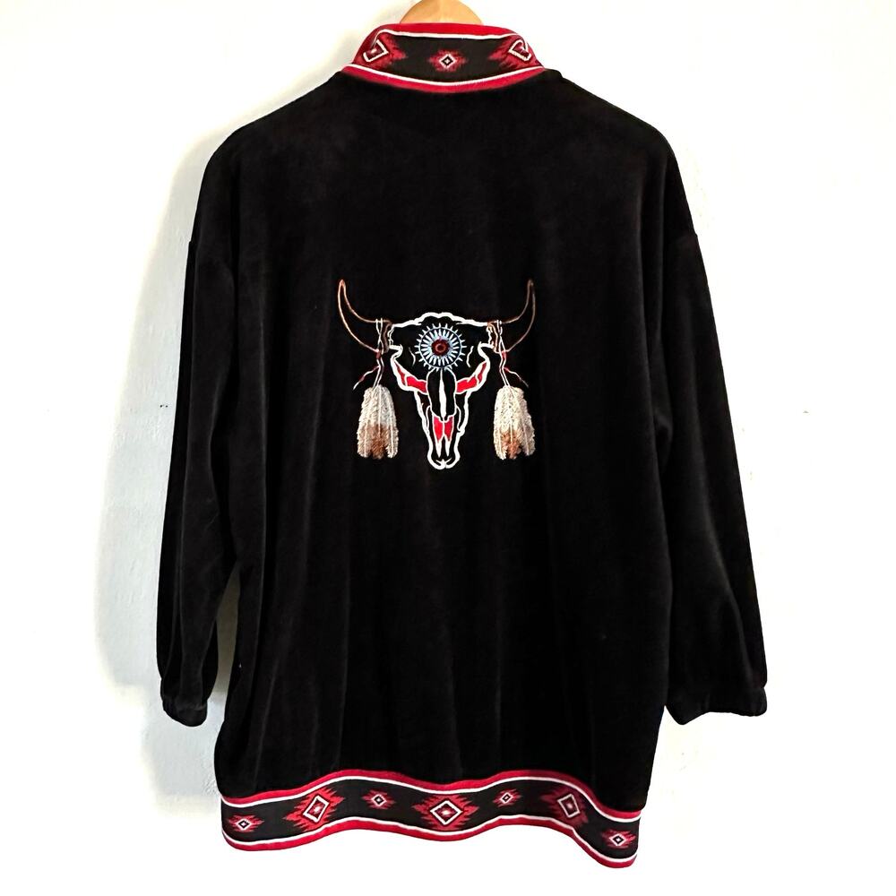 VTG Milton Funwear Embroidered Full‎ Zip Aztec Velour Jacket Western Tribal Cow